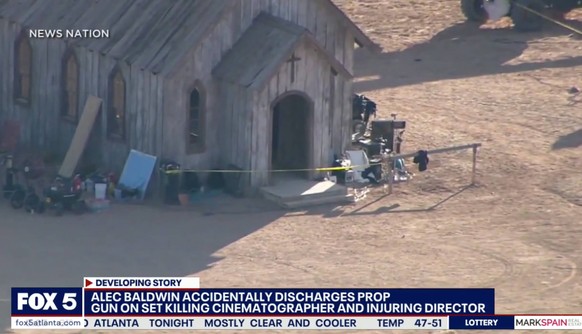 October 21, 2021, Santa Fe, New Mexico, USA: Image from FOX5 Atlanta shows the scene after actor Alec Baldwin shot prop gun, killing 1, injuring another on a New Mexico filmsetset Thursday October 21. ...