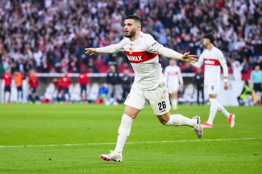 31.03.2024, Baden-Württemberg, Stuttgart: Fußball: Bundesliga, VfB Stuttgart - 1. FC Heidenheim, 27. Spieltag, MHPArena. Stuttgarts Deniz Undav jubelt nach seinem Tor zum 3:3. Foto: Tom Weller/dpa - W ...