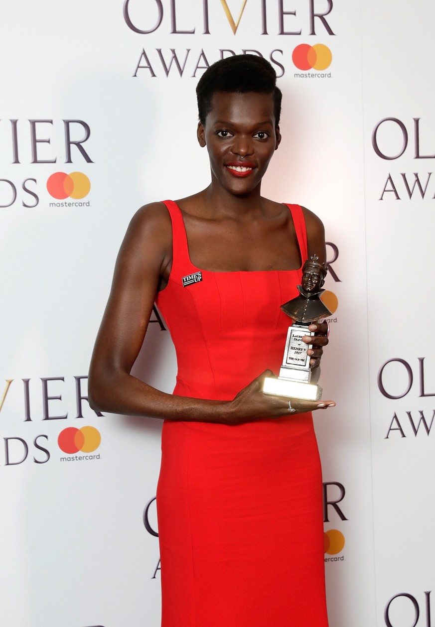 LONDON, ENGLAND - APRIL 08: Sheila Atim, winner of the Best Supporting Actress In A Musical award for &#039;Girl From The North Country&#039;, poses in the press room during The Olivier Awards with Ma ...