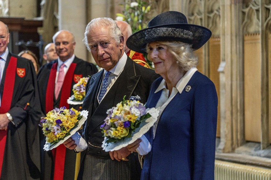 Britain&#039;s King Charles III and Camilla, the Queen Consort attend the Royal Maundy Service at York Minster, York, England, Thursday April 6, 2023. (Charlotte Graham/Pool via AP)