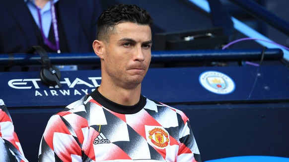 2nd October 2022 City Stadium, Manchester, England Premier League football, Manchester City versus Manchester United, ManU Cristiano Ronaldo of Manchester United looks on from the substitutes bench PU ...