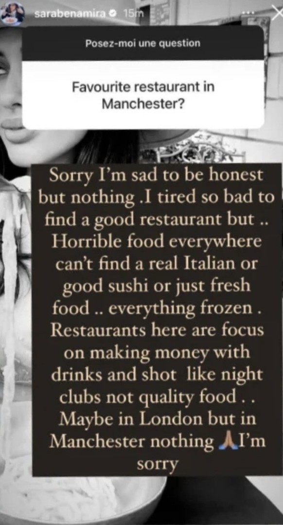 Sara Gündoğan sprach auf Instagram über die Restaurants in Manchester.