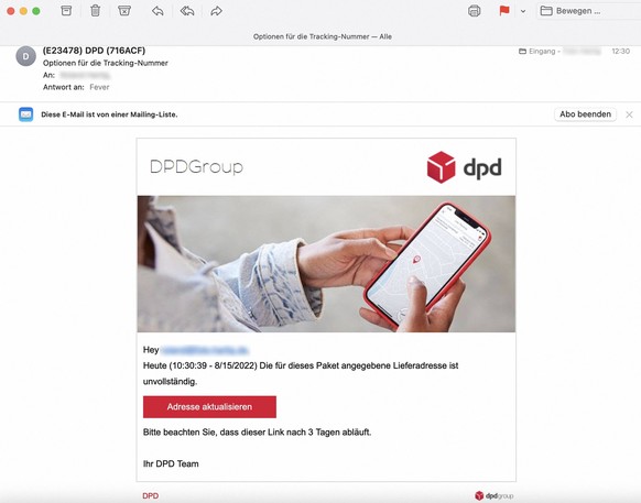 Paketzusteller warnt vor gefälschten E-Mails und SMS - 15.08.2022: Symbolbild: Betrugsmasche - Der Paket-Dienstleister DPDgroup warnt auf seiner Webseite vor gefälschten E-Mails und SMS. Aktuell werde ...