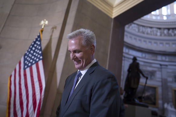 Speaker of the House Kevin McCarthy, R-Calif., talks to reporters outside his office following his discussions at the White House with President Joe Biden on the impasse over the government&#039;s deb ...