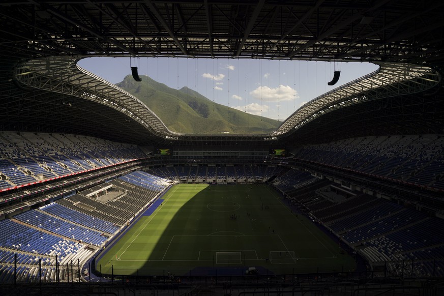 View of the BBVA stadium prior to the CONCACAF Women&#039;s Championship final soccer match between the United States and Canada in Monterrey, Mexico, Monday, July 18, 2022. (AP Photo/Fernando Llano)