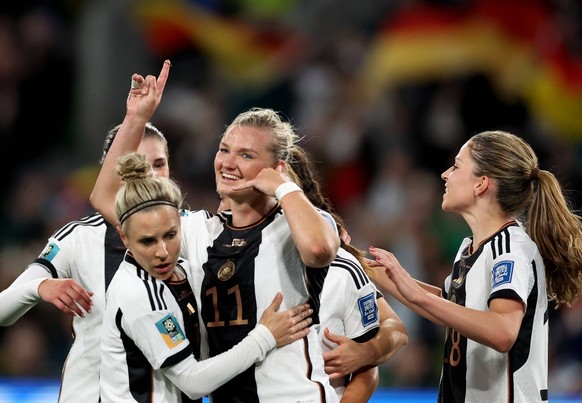 230724 -- MELBOURNE, July 24, 2023 -- Alexandra Popp 3rd L of Germany celebrates her goal during the group H match between Germany and Morocco at the 2023 FIFA Women s World Cup in Melbourne, Australi ...