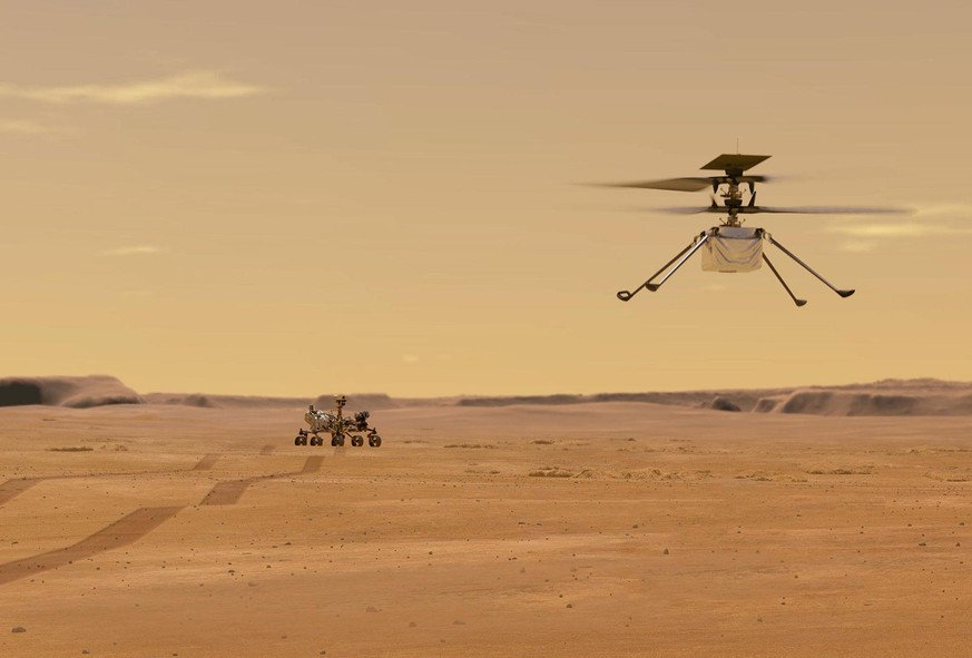 Diese Illustration zeigt den Mars Helicopter Ingenuity während eines Testflugs auf dem Mars.