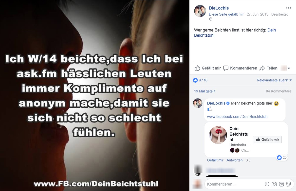 Prominente Starthilfe: "Die Lochis" schoben am Anfang die "Beichtstuhl"-Seite an. Seither ist sie aber deutlich hässlicher geworden. (Quelle: Screenshot/Facebook)