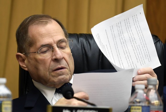 House Judiciary Committee Chairman Jerry Nadler of New York reviews paperwork, on Capitol Hill, May 8, 2019, in Washington, DC. The Committee is hearing recommendations to hold Attorney General Willia ...