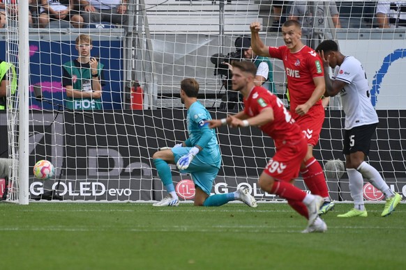 Tor zum 1-1 von Jan THIELMANN 1.FC Koeln gegen Torwart Kevin TRAPP Eintracht Frankfurt. Aktion. Fussball 1. Bundesliga Saison 2022/2023, 3.Spieltag, Spieltag03, Eintracht Frankfurt - 1.FC Koeln 1-1 am ...