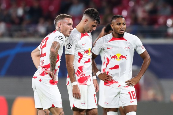 v.l. David Raum RB Leipzig,22,Dominik Szoboszlai RB Leipzig,17,Christopher Nkunku RB Leipzig,18 - Champions League Vorrunde Gruppe F Saison 2022-2023 RB Leipzig vs. Shakhtar Donetsk in der Red Bull Ar ...