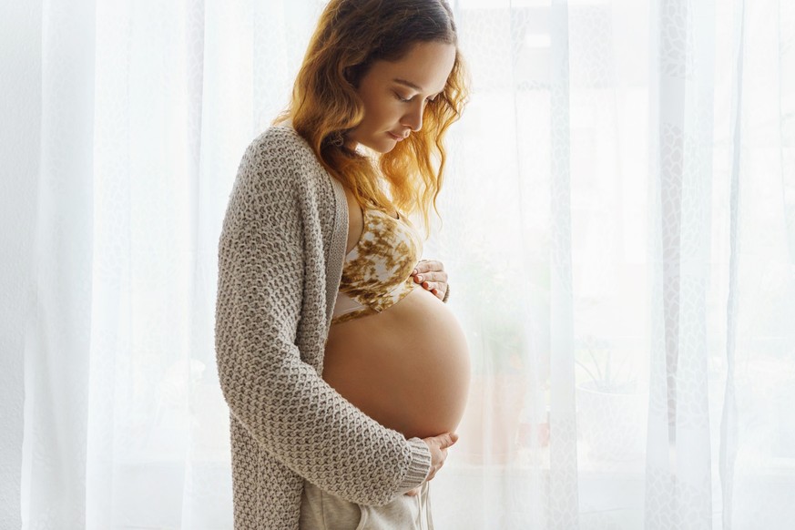 Beautiful pregnant woman touching her belly standing by the window at home
