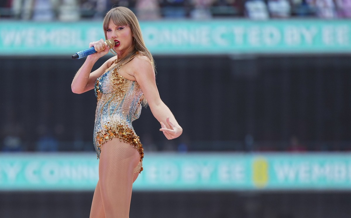 Taylor Swift performs at Wembley Stadium as part of her Eras Tour on Friday, June 21, 2024 in London. (Photo by Scott A Garfitt/Invision/AP)