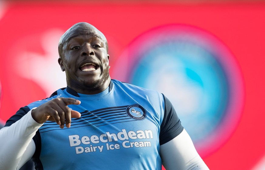 Adebayo Akinfenwa of Wycombe Wanderers pre match during the Sky Bet League 2 match between Cheltenham Town and Wycombe Wanderers at the Abbey Business Stadium, Cheltenham, England on 17 February 2018. ...