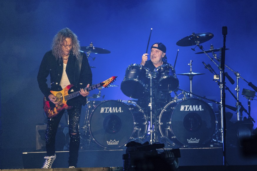 Kirk Hammett, left, and Lars Ulrich of Metallica perform at Welcome to Rockville at Daytona International Speedway on Friday, Nov. 12, 2021, in Daytona Beach, Fla. (Photo by Amy Harris/Invision/AP)