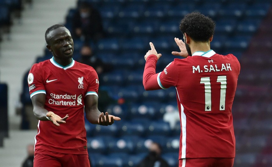 West Bromwich Albion v Liverpool - Premier League - The Hawthorns. Liverpool&#039;s Mohamed Salah (right) celebrates with Sadio Mane after scoring their side&#039;s first goal of the game during the P ...