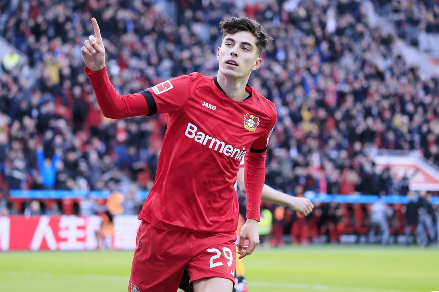 HAVERTZ Kai Team Bayer 04 Leverkusen jubelt nach seinem Tor zum 1 : 0 DFL Fussball Bundesliga Saison 2019 - 2020 Spiel Bayer 04 Leverkusen - Eintracht Frankfurt 4 : 0 am 07. 03. 2020 in Leverkusen DFL ...