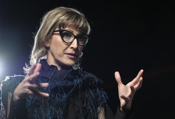 Bosnian filmmaker Jasmila Zbanic speaks and gestures during an interview with the Associated Press in the capital Sarajevo, Bosnia, Saturday, Jan. 30, 2021. Zbanic's latest and the most ambitious film ...