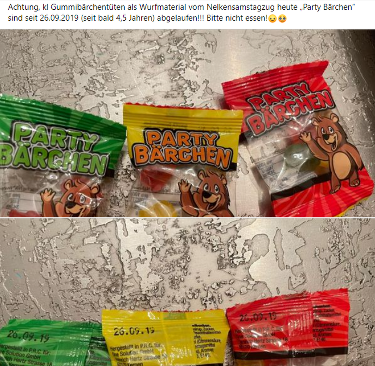 Ein Foto zeigt die offenbar abgelaufenen Karnevals-Süßigkeiten.