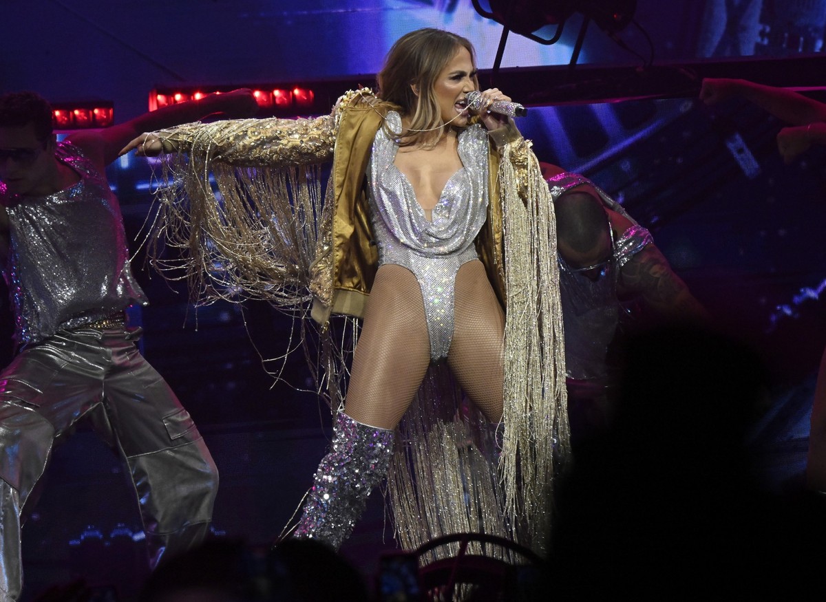 U.S. singer Jennifer Lopez performs during her Up All Night Live Tour concert in MVM Dome in Budapest, Hungary, Sunday, July 20, 2025. (Peter Lakatos/MTI via AP)
