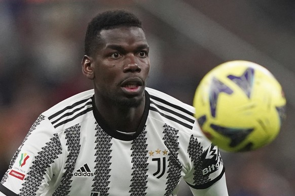 FILE - Juventus&#039; Paul Pogba controls the ball during an Italian Cup soccer match between Internazionale and Juventus, at the Giuseppe Meazza San Siro Stadium, in Milan, Italy, April 26, 2023. Juv ...