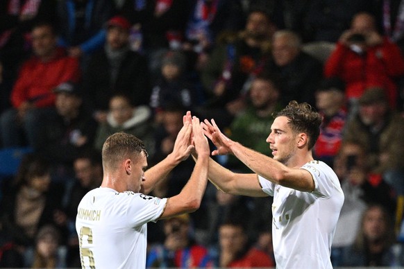 L-R Joshua Kimmich and Leon Goretzka of Bayern celebrate the third goal in the Viktoria Plzen vs Bayern Munich group C of football Champions League match in Pilsen, Czech Republic, October 12, 2022. C ...