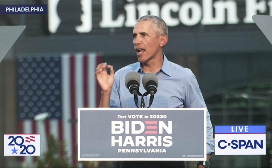 October 21, 2020 - Philadelphia, Pennsylvania, USA. - Screen grab from C-SPAN s coverage of President BARACK OBAMA holding a rally on behalf of the Biden Harris ticket in the general election. Philade ...