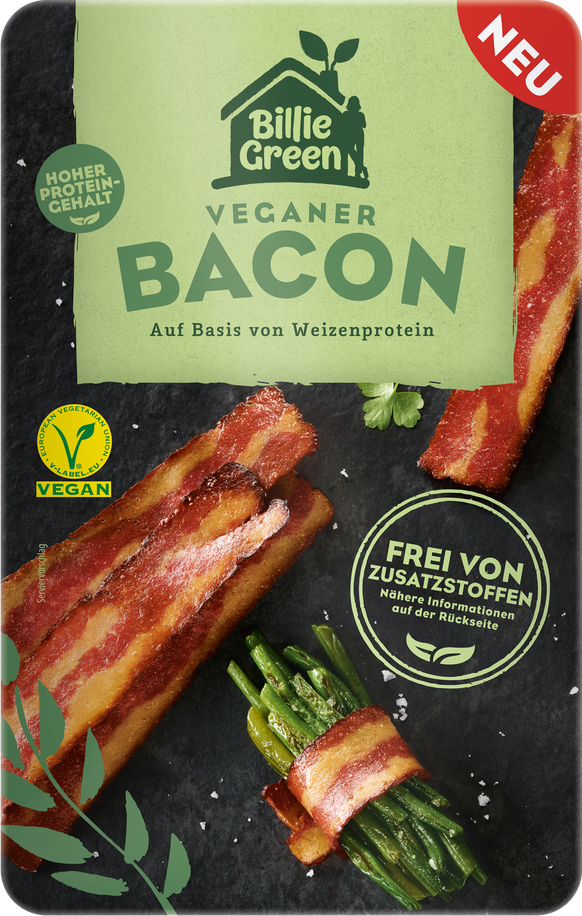 Der vegane Bacon von Billie Green ist auf Basis von Weizenprotein und frei von Zusatzstoffen.