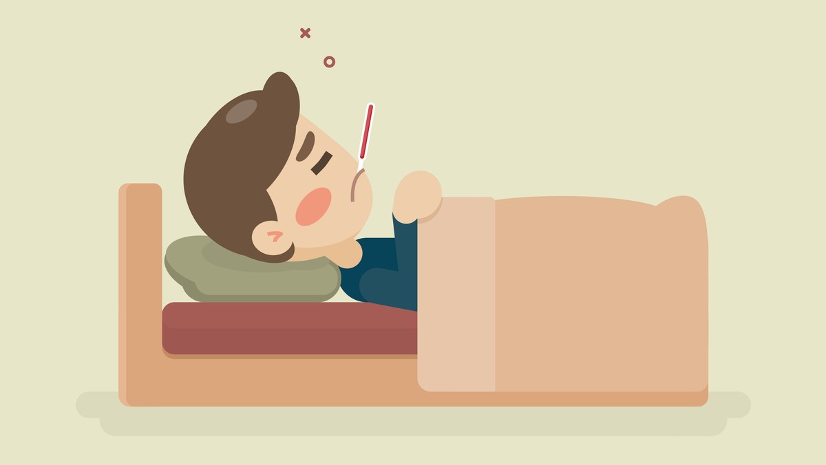 Sick young man lying in bed with a thermometer in mouth, having a cold, vector cartoon illustration.