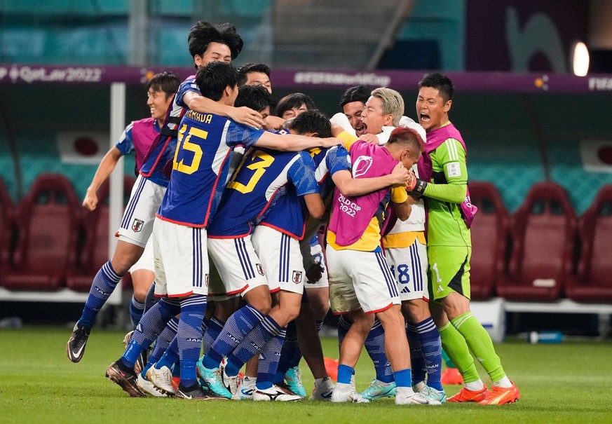 Mandatory Credit: Photo by Dave Shopland/Shutterstock 13640378bl Ao Tanaka of Japan scores the second goal 2-1 and celebrates after VAR awards the goal after the ball is adjudged to have stayed in Jap ...