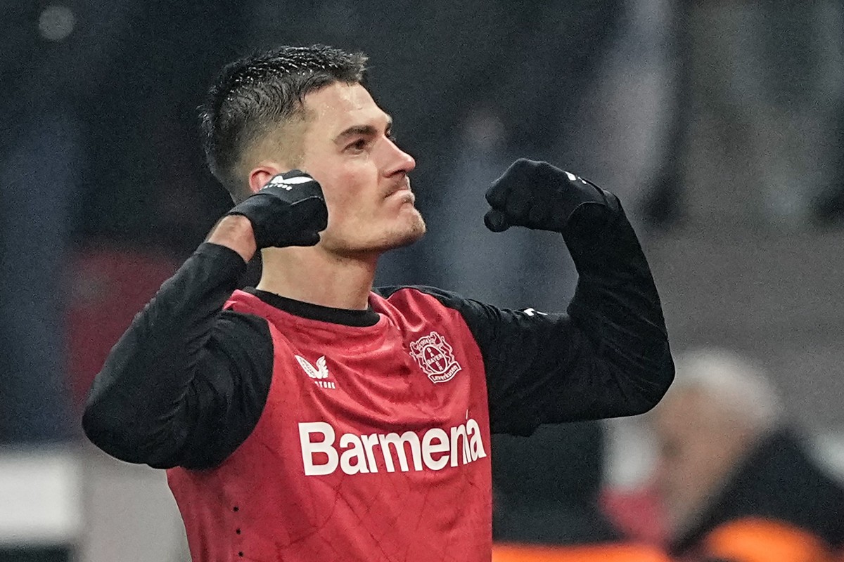 Leverkusen&#039;s Patrik Schick celebrates after scoring his second goal during the German soccer cup quarterfinal match between Bayer Leverkusen and 1.FC Cologne at the BayArena in Leverkusen, German ...