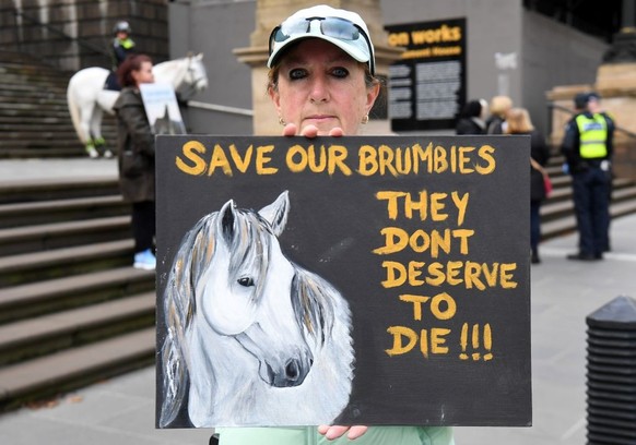 A woman holds a placard during a protest over the proposed culling of wild Brumby horses, in Melbourne on June 2, 2020 as the Victorian state government plans to cull the breed citing the damage cause ...