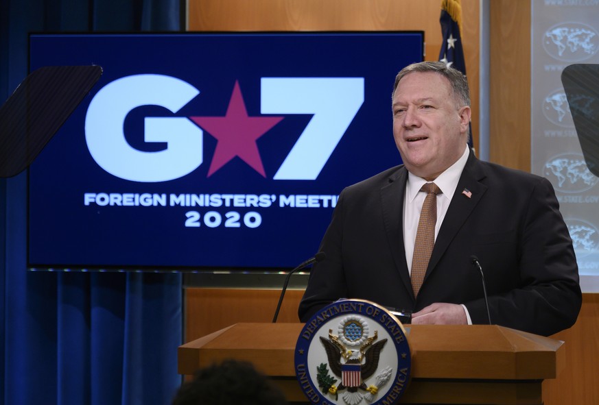 Secretary of State Mike Pompeo speaks during a news conference at the State Department on Wednesday, March 25, 2020, in Washington. Pompeo said Wednesday that the Group of Seven members were all aware ...