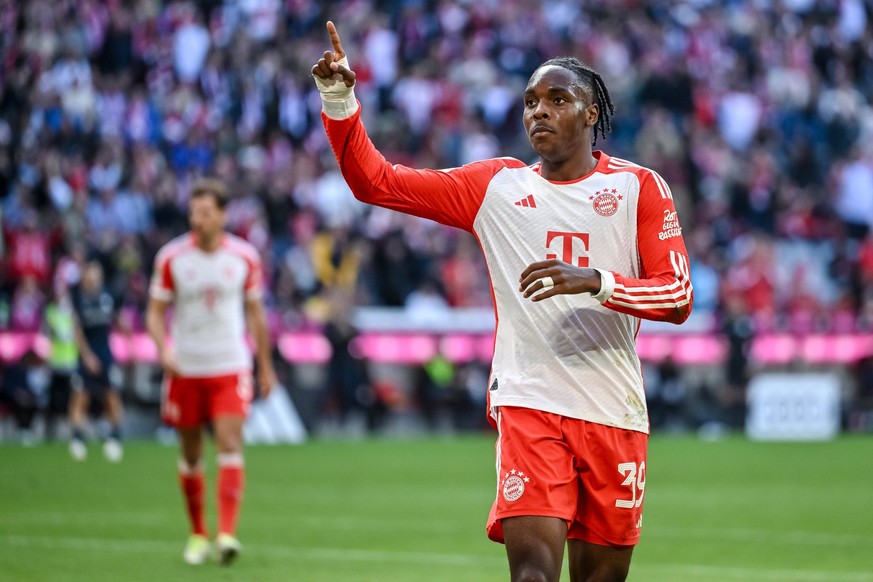 23.09.2023, Munich, Germany, Allianz Arena, FC Bayern Muenchen vs VfL Bochum - 1.Bundesliga, Mathys Tel FC Bayern Muenchen Torjubel, jubelt nach seinem treffer zum 6:0 Foto H. Langer DFB/DFL REGULATIO ...