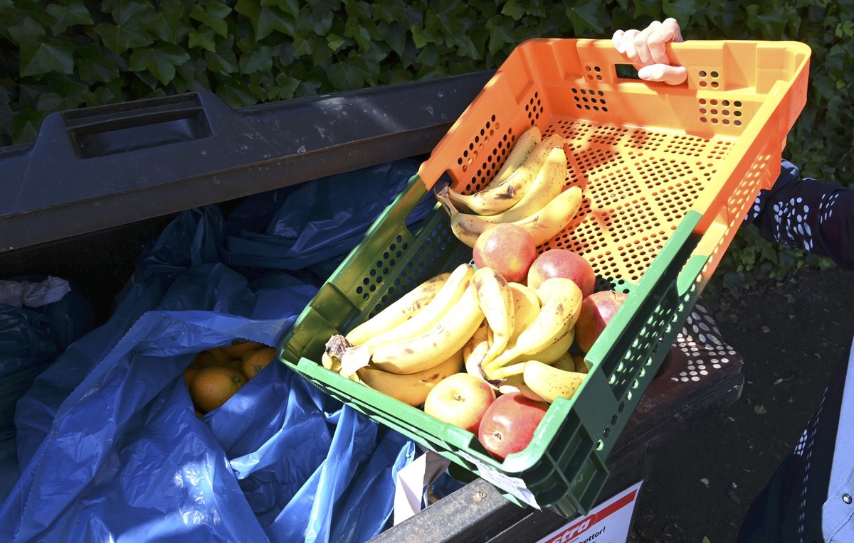 ARCHIV - 13.06.2019, Bremen: Ein Mitarbeiter eines Supermarktes bringt Obst zum Müllcontainer. Im Kampf gegen die Lebensmittelverschwendung fordert Mecklenburg-Vorpommerns Verbraucherschutzministerin  ...
