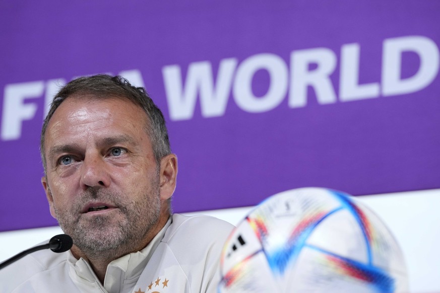 Germany's head coach Hansi Flick attends a news conference on the eve of the group E World Cup soccer match between Germany and Spain, in Doha, Qatar, Saturday, Nov. 26, 2022. Germany will play the se ...