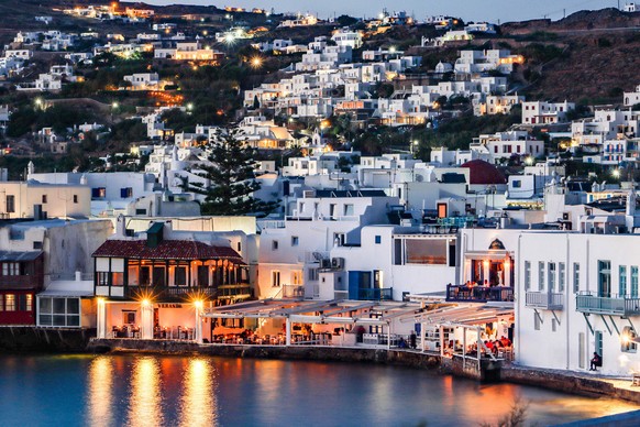 Magic hour during sunset and dusk at Little Venice in Mykonos island, one of the most romantic places in the Mediterranean island on July 14, 2020. This neighborhood is replete with elegant and gorgeo ...