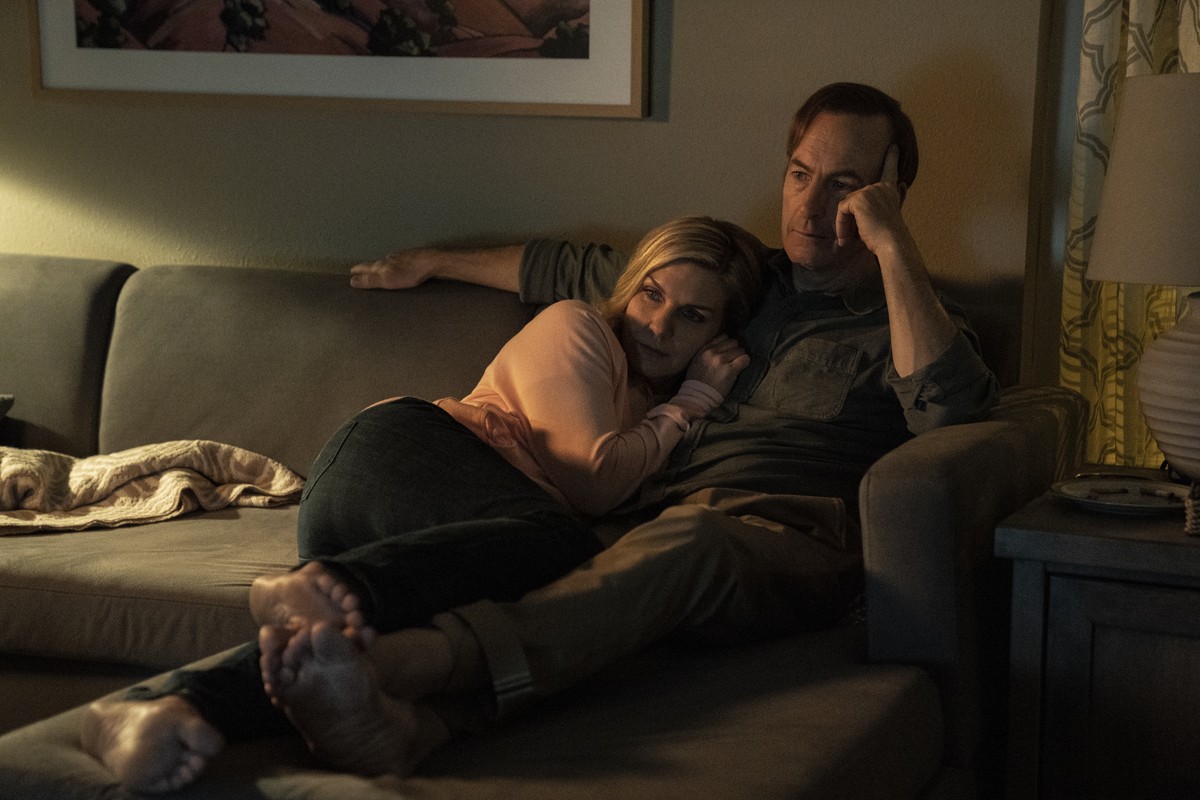 This image released by AMC shows Bob Odenkirk as Saul Goodman, right, and Rhea Seehorn as Kim Wexler in a scene from "Better Call Saul," which earned seven Emmy nominations. (Greg Lewis/AMC/ ...