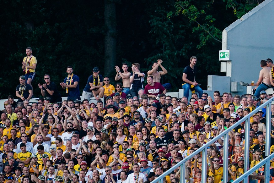 Dresdener Fans stehen auf der Tribüne des Gästeblocks.