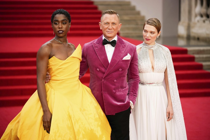 Lashana Lynch, from left, Daniel Craig and Lea Seydoux pose for photographers upon arrival for the World premiere of the film &#039;No Time To Die&#039;, in London Tuesday, Sept. 28, 2021. (AP Photo/M ...