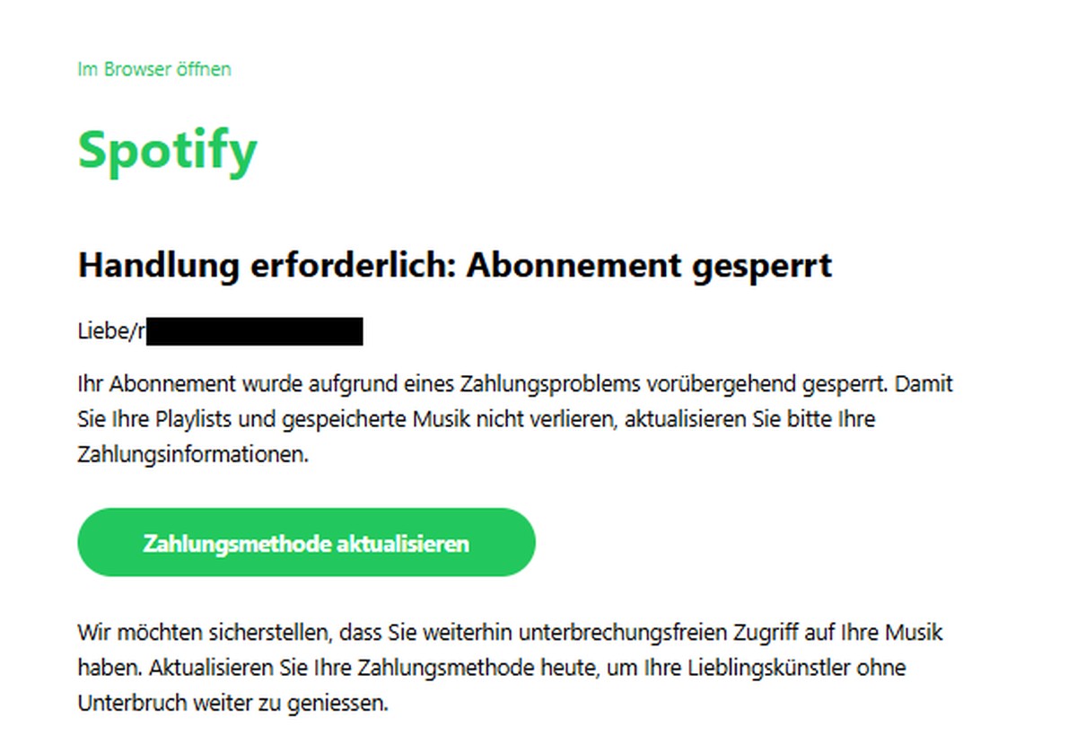 Vor dieser Mail warnt die Verbraucherzentrale Kunden von Spotify.