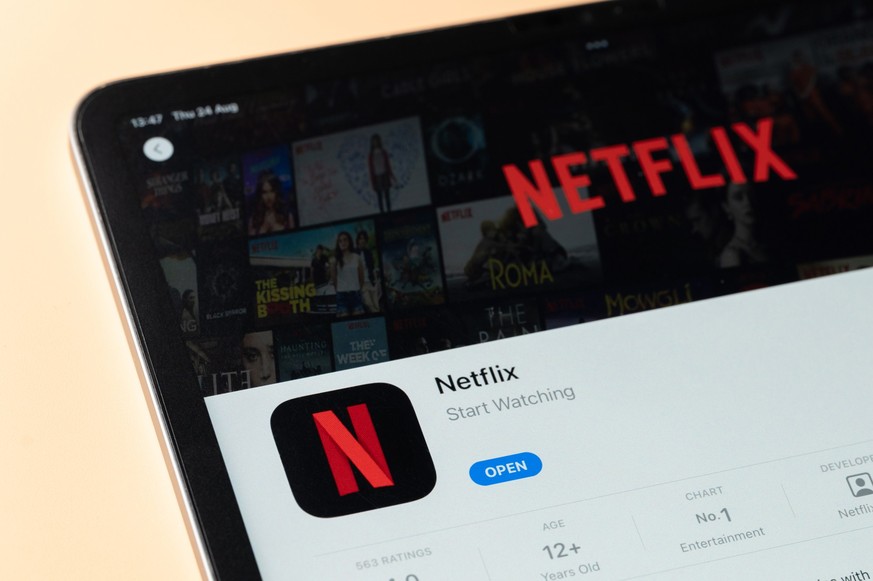 New York, USA - August 24, 2023: Netflix app in Apple store on ipad tablet screen close up view Model Released Property Released xkwx Netflix watch tv series movie app logo screen digital apple device ...