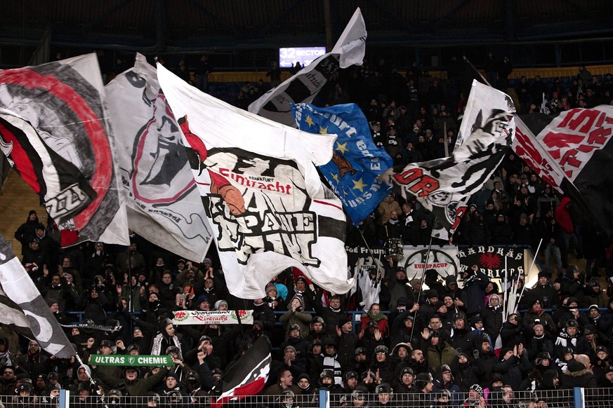 Fans of Eintracht Frankfurt e. V. cheer on their team during the UEFA Europa League Round of 32 1st leg game against FC Shakhtar Donetsk at the Metalist Stadium Regional Sports Complex, Kharkiv, north ...