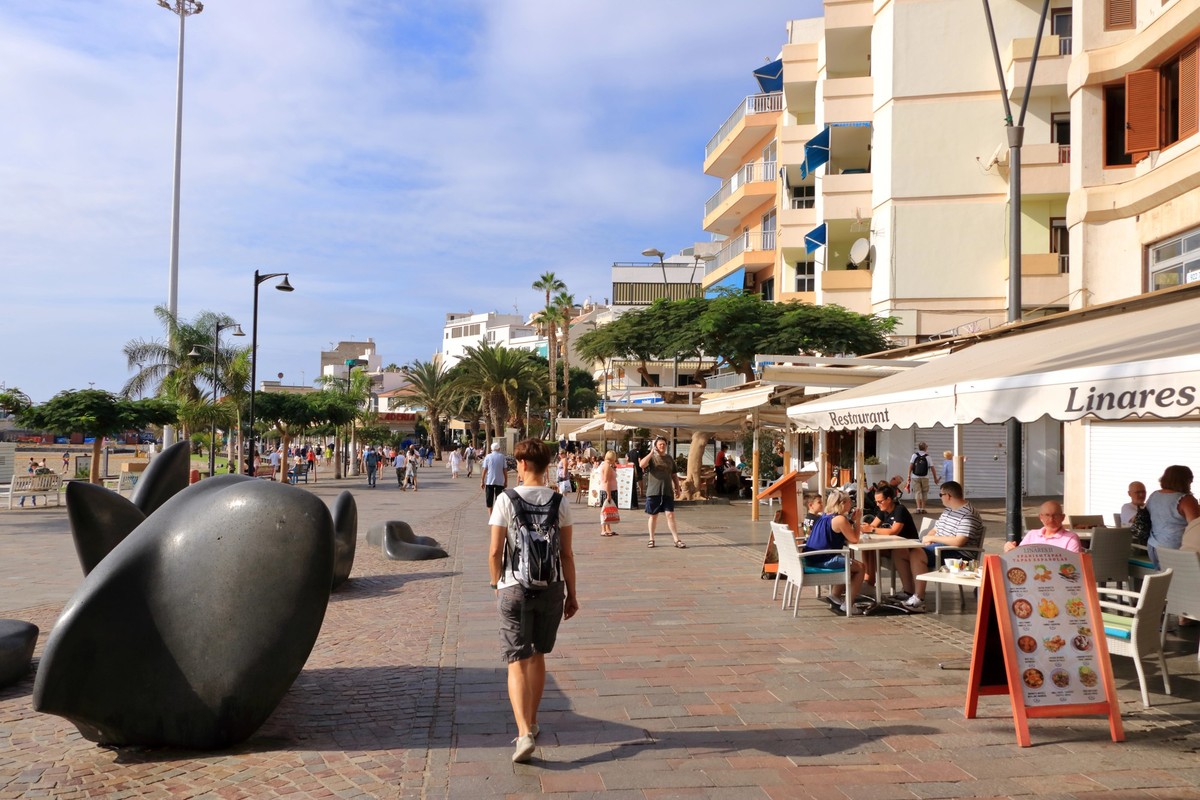 November 22 2021 - Los Cristianos, Tenerife, Canaries: a Busy street in resort town of Tenerife Island
