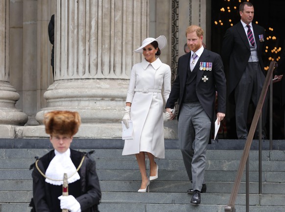 03/06/2022. London, United Kingdom. Service of thanksgiving for the Queen. Harry, Duke of Sussex, and Meghan, Duchess of Sussex, at St Paul's Cathedral for the Platinum Jubilee Service of thanksgiving ...