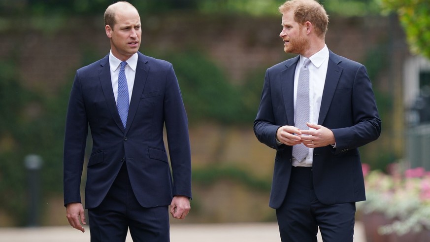 LONDON, ENGLAND - JULY 01: Prince William, Duke of Cambridge (left) and Prince Harry, Duke of Sussex arrive for the unveiling of a statue they commissioned of their mother Diana, Princess of Wales, in ...