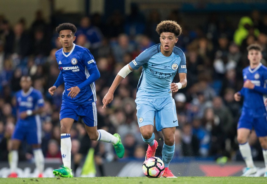 Jadon Sancho of Manchester City U18 in action during the FA Youth Cup FINAL 2nd leg match between Chelsea and Manchester City at Stamford Bridge, London, England on 26 April 2017. PUBLICATIONxNOTxINxU ...
