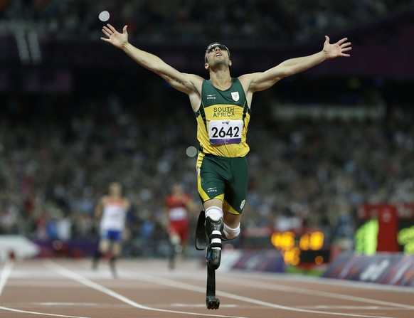 FILE - South Africa&#039;s Oscar Pistorius wins gold in the men&#039;s 400-meter T44 final at the 2012 Paralympics in London on Sept. 8, 2012. Oscar Pistorius is due on Friday, Jan. 5, 2024 to be rele ...