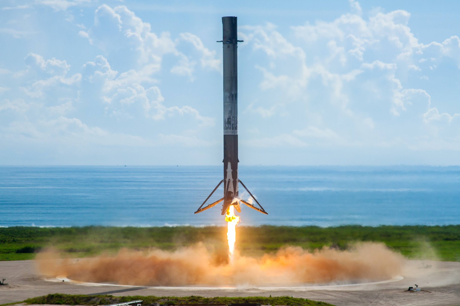 September 7, 2017 - Cape Canaveral, FL, United States of America - The SpaceX Falcon 9 first stage rocket lands after carrying the U.S. Air Force X-37B spaceplane into orbit at the Cape Canaveral Spac ...