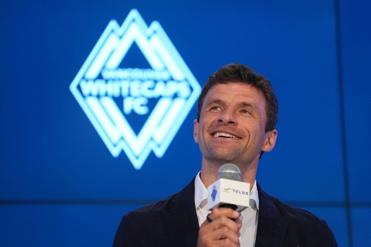 New Vancouver Whitecaps player Thomas Muller, of Germany, speaks at during an MLS soccer news conference, Thursday, Aug. 14, 2025, in Vancouver, British Columbia. (Darryl Dyck/The Canadian Press via A ...